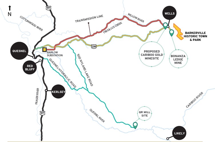 This map, provided by Barkerville Gold Mines Ltd., shows the proposed location of the Cariboo Gold Project mine site and related locations.