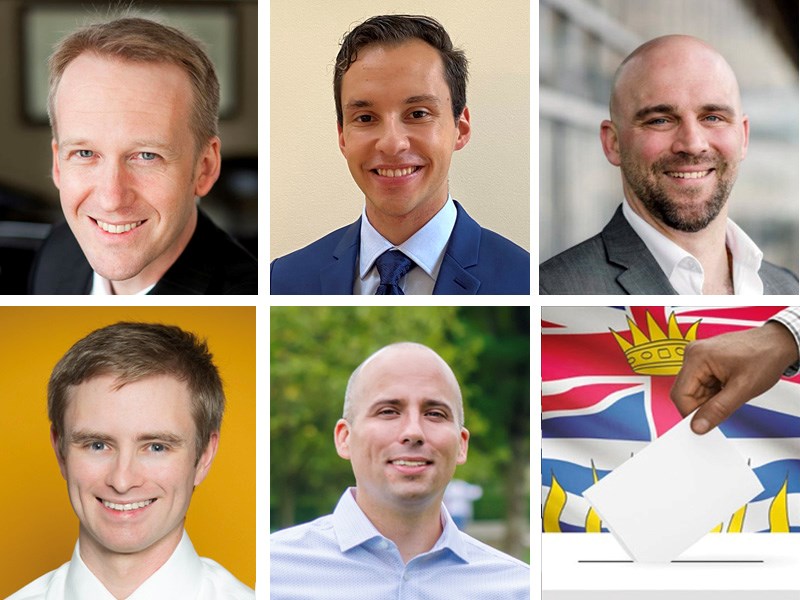 These candidates are running for election in Port Moody-Coquitlam, (clockwise from left) Rick Glumac, NDP, Brandon Fonseca, Conservative, James Robertson, Liberal, John Latimer, Green Party, Logan Smith, Libertarian.