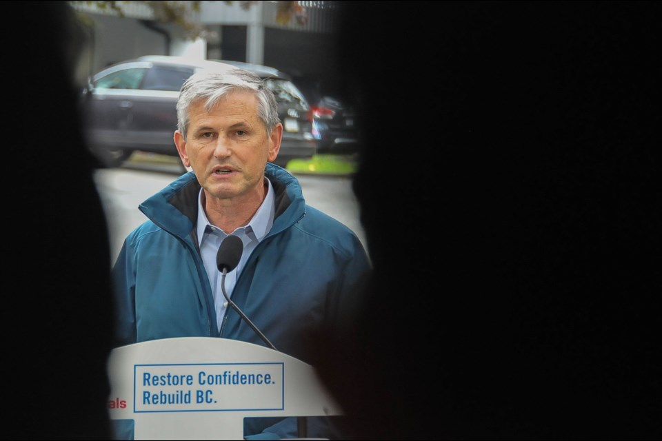 BC Liberal leader Andrew Wilkinson speaks outside Port Moody-Coquitlam candidate James Robertson's home Friday, Oct. 16. The press conference focused on the parties promises on affordable housing but was overshadowed by allegations that several of the parties candidates have expressed homophobic and transphobic views.