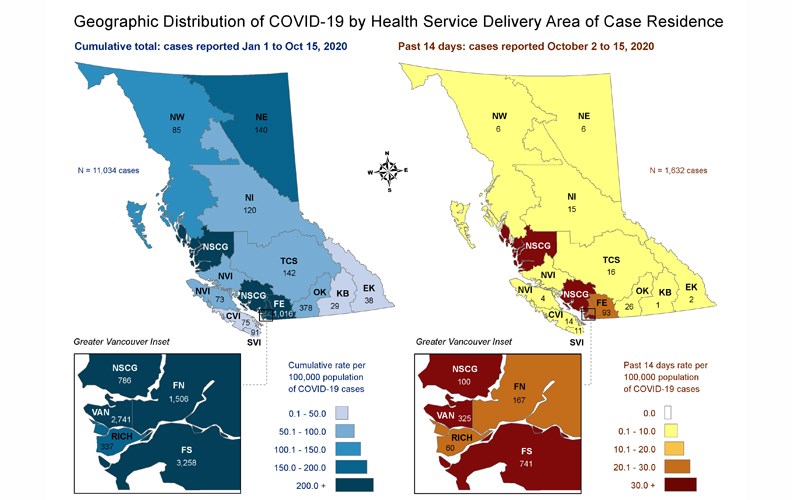 This map, created by the B.C. Centre for Disease Control, shows a breakdown of COVID-19 cases by health service delivery area. The blue map on the left shows the total cases up to Thursday. The red and yellow map on the right shows the number of cases between Oct. 2 and Oct. 15. The Northern Interior (NI) health service delivery area, which includes Prince George, had 15 cases over the last two weeks and 120 overall.