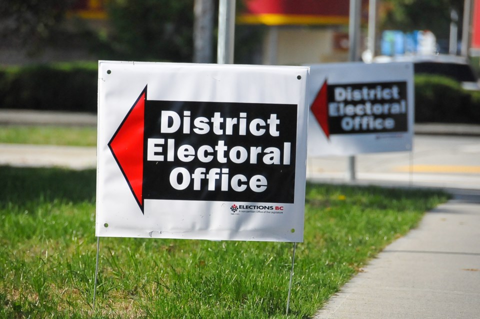 District Electoral Office signs outside the district's Coquitlam-Burke Mountain riding.