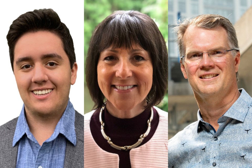 Candidates for Coquitlam-Burke Mountain: BC Green Adam Bremner-Akins (left); BC Liberal Joan Isaacs (centre); BC NDP Fin Donnelly (right)