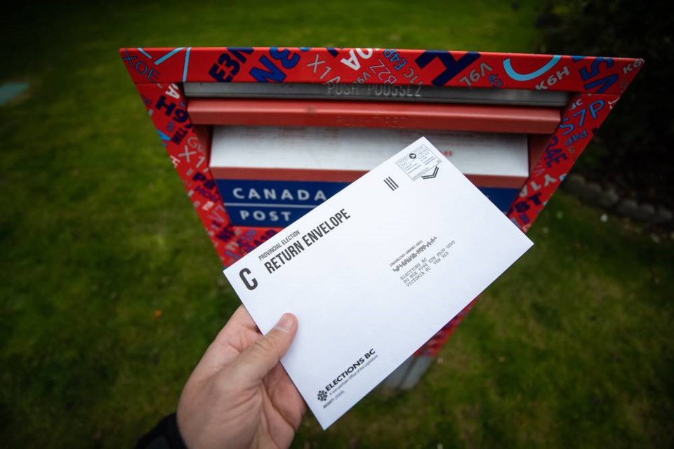 In this photo illustration, a provincial election mail-in ballot sealed in an Elections B.C. return envelope is seen before being deposited in a Canada Post mailbox, in Richmond, B.C., Saturday, Oct. 17, 2020. The final result of British Columbias provincial election wont be known for at least two weeks because hundreds of thousands of mail-in ballots have to be counted after election night. THE CANADIAN PRESS/Darryl Dyck