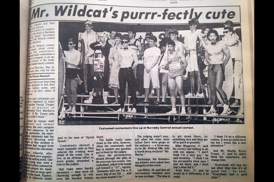 Contestants in Burnaby Central Secondary's Mr. Wildcat competition strike a pose in a 1986 NOW photo.