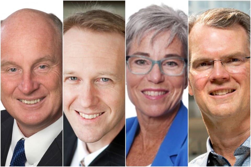 NDP candidates Mike Farnworth (left), Rick Glumac (centre left) and Selina Robinson (centre right) will be joined in the legislature by first-time provincial candidate Fin Donnelly in an orange sweep of all four Tri-City electoral districts — that is, barring any unforeseen swings in vote-by-mail ballots.