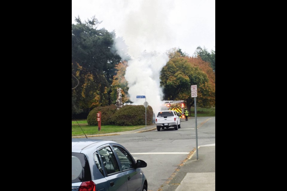 The Victoria Fire Department received several 911 calls about a fire in a temporary structure in Beacon Hill Park on Tuesday, Oct. 27, 2020. ANTHONY BARLOW