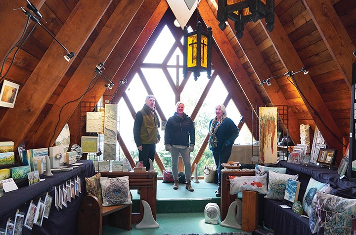 The three members of The Mix artists’ group – Lore Schmidts, Donna Stewart and Charly Mithrush – at their Halfmoon Bay venue at a tiny former church, Chapel at The Green.