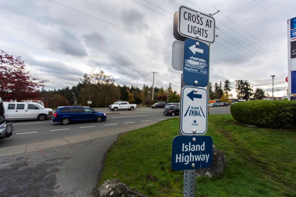 The Galloping Goose Regional Trail meets the Island Highway near Wale Road in Colwood. DARREN STONE, TIMES COLONIST