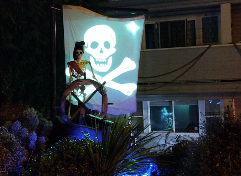 Lots of lights, images and sounds make this Pirates of the Caribbean display a lot of fun.