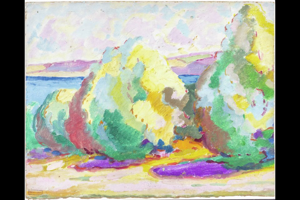 This small work from the Emily Carr: Fresh Seeing exhibit at the Royal B.C. Museum conveys a colourful breezy scene in the post-impressionist style that Carr studied in France. BC Archives