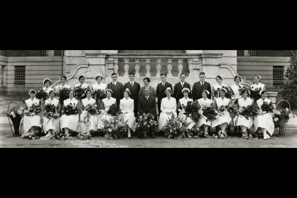 First nursing graduation class at Essondale (later renamed Riverview Hospital), circa 1932. Riverview Hospital Historical Society collection C5-S08-SS3-F3-C5.022 Back row: A. McKenzie, J. Couch, G. Anderson, M. Hall, Dr. Gee, Dr. Campbell, Miss Josephine Kilburn, Dr. Davidson, Dr. Ryan, Dr. Byrne, Edna Colvin, Mary MacDonald, B. Catherall Front Row: S. McCue, Anne Keith, L. Bullock, J. Harby, M. Stokes, Superintendent C.A. Hicks, Dr. Crease, Instructress Miss M. Marlatt, M. Roth, M. Sharpe, M. Vincent, Minna McDonald, M. Wilson.