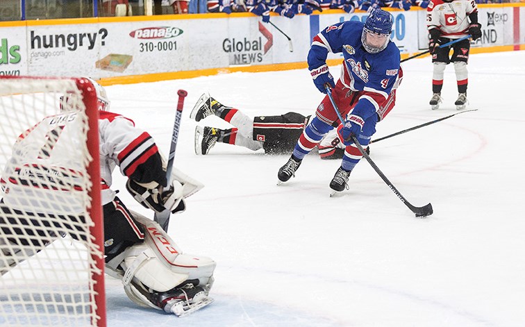 Prince George Spruce Kings defenceman Mason Waite snaps home a shorthanded goal against Merritt Centennials goaltender Josh Dias during a BCHL preseason games Nov. 14 at Rolling Mix Concrete Arena.