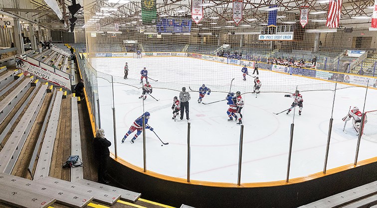 The stands were empty Saturday at Rolling Mix Concrete Arena, where the Prince George Spruce Kings took on the Merritt Centennials in a BCHL exhibition game. COVID-19 restrictions issued by the provincial health office means the Spruce Kings and the rest of the BCHL must play their games with no fans in attendance.