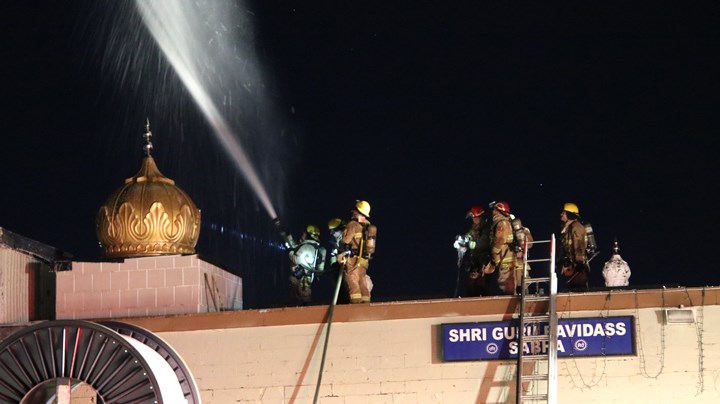 Around 9 p.m. on Saturday night, Burnaby firefighters were called to 7271 Gilley Ave. for a report of a fire at the Shri Guru Ravidass Sabha Community Centre and Temple, also just known as the Gilley Temple. Ryan Stelting photo