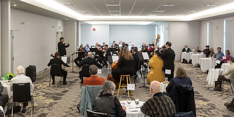 Citizen Photo by James Doyle/Local Journalism Initiative. Maestro Michael Hall leads the String Ensemble on Sunday at the Prestige Treasure Cove Resort Ballroom during the afternoon performance of Prince George Symphony Orchestra’s presentation Autumn Revival III.