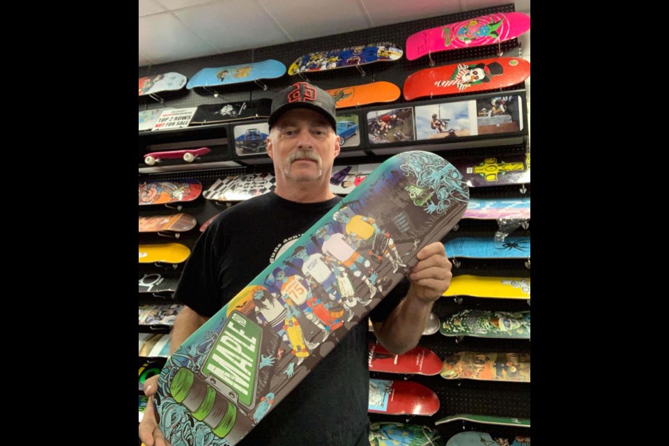 Richmond native Glen Billwiller, with his new skateboard design in Western Australia, dedicated to his days growing up and skating on Maple Road. Photo submitted