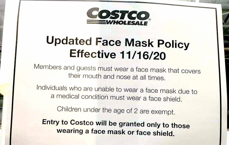 Starting Monday, Nov. 16 all Canadian Costco stores will require that shoppers either wear a face ma