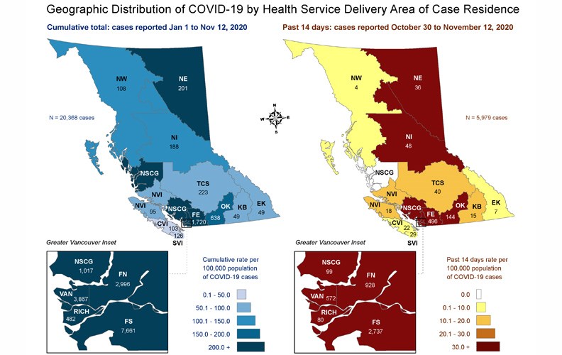 This map, provided by the B.C. Centre for Disease Control shows a breakdown of COVID-19 cases by health service delivery area. The blue map on the left shows the total number of cases, as of Nov. 12. The yellow and red map on the right shows the number of cases in the past two weeks (as of Nov. 12). The three health services delivery areas that make up Northern Health are the Northern Interior (NI), Northwest (NW) and Northeast (NE).