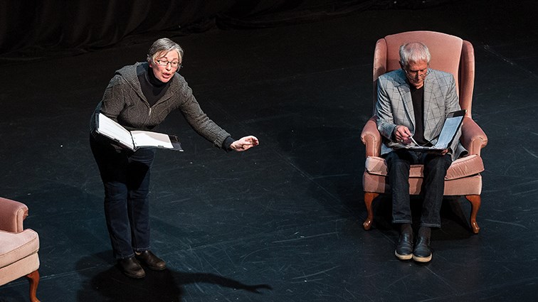 Citizen Photo by James Doyle/Local Journalism Initiative. Julia Mackey as Lucy Hopperstaad, left, and Rob Ziegler as David Kilbride perform at Theatre Northwest on Friday night during a stage reading of Norm Foster’s On A First Name Basis.