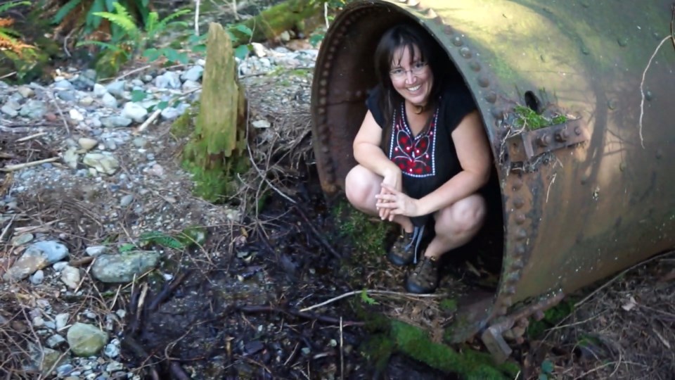 Emily van Lidth de Jeude in the remains of a steam donkey in her Sept. 10 video.