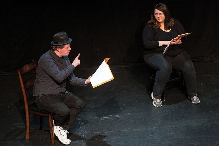 Citizen Photo by James Doyle/Local Journalism Initiative. James Mills, left, and Morgan Seager perform at Theatre Northwest on Saturday night during a stage reading of Alora Bowness’ The Case of Cindy.