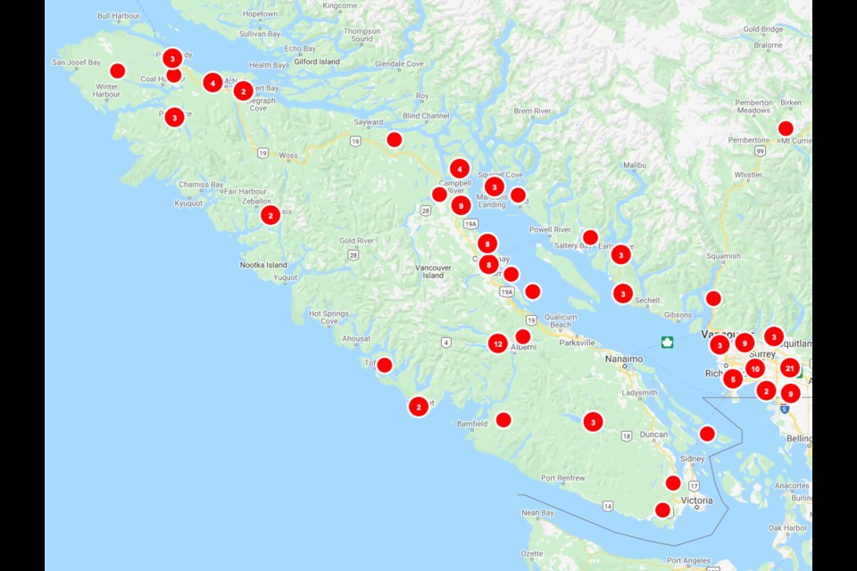 Thousands were without power Tuesday, Nov. 17, 2020, due a windstorm on Vancouver Island and the south coast. Each red dot represents an outage. B.C. HYDRO