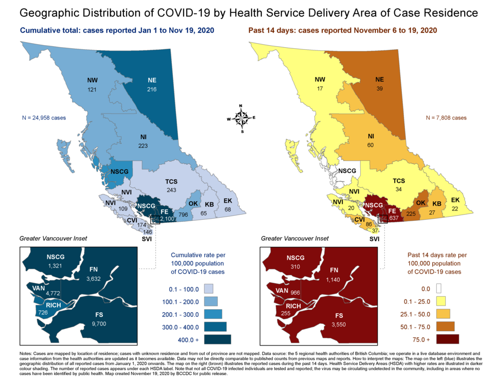 Cumulative cases to Nov. 19 and new cases from Nov. 6 to 19