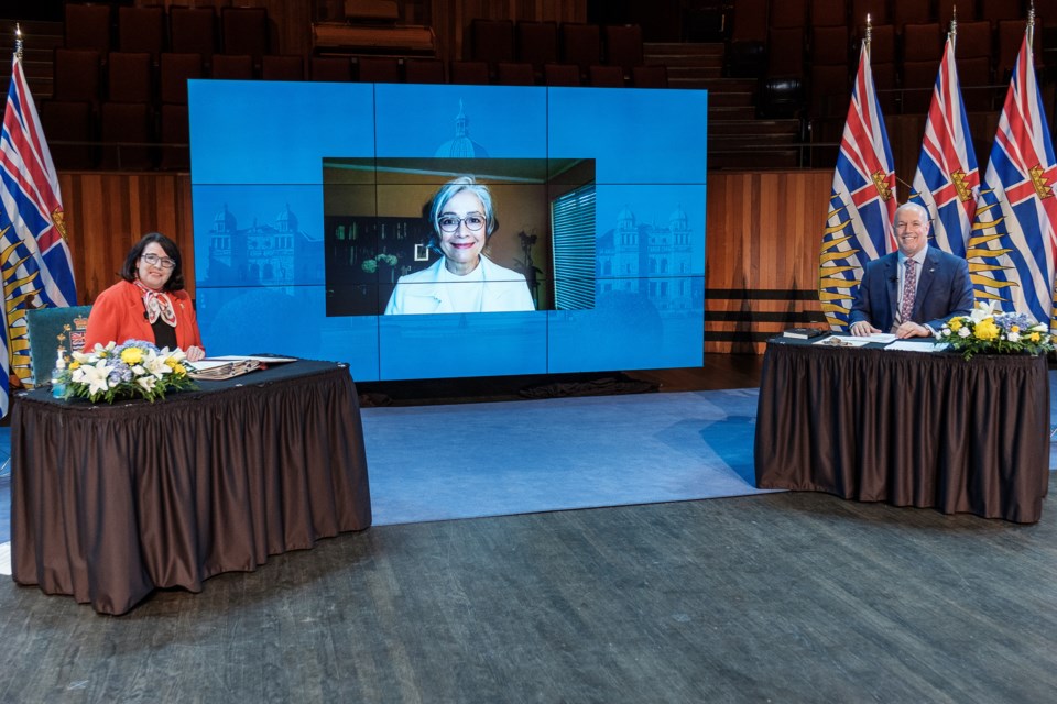 New Westminster MLA Jennifer Whiteside is sworn in virtually as the new minister of education during Thursday's ceremonies overseen by Lt.-Gov. Janet Austin and Premier John Horgan.