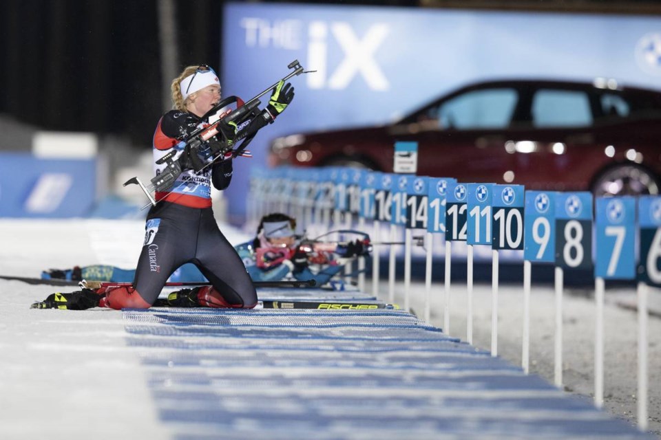 Sarah Beaudry of Prince George gets in position for her prone shooting bout during her race last week on the BWM IBU World Cup biathlon tour.