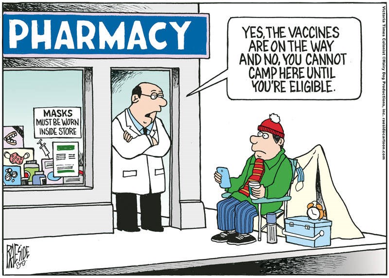 Adrian Raeside cartoon, Dec. 9, 2020: waiting for the vaccine