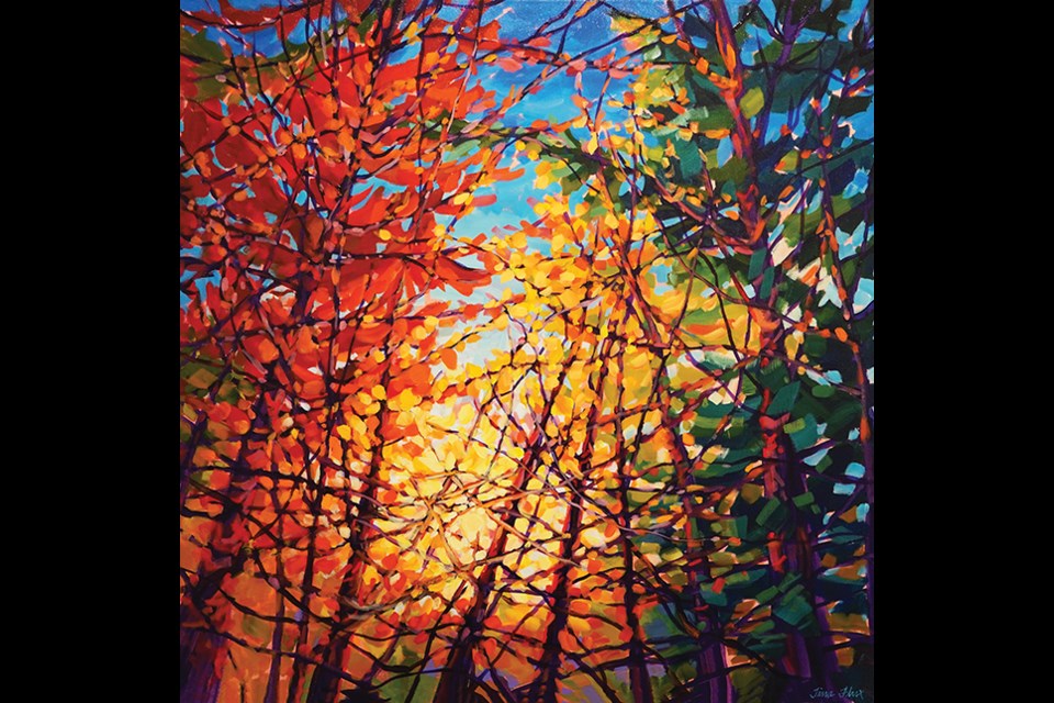 Tina Flux’s acrylic on canvas, “Treasures of Fall,” is among the member-show submissions currently at GPAG.