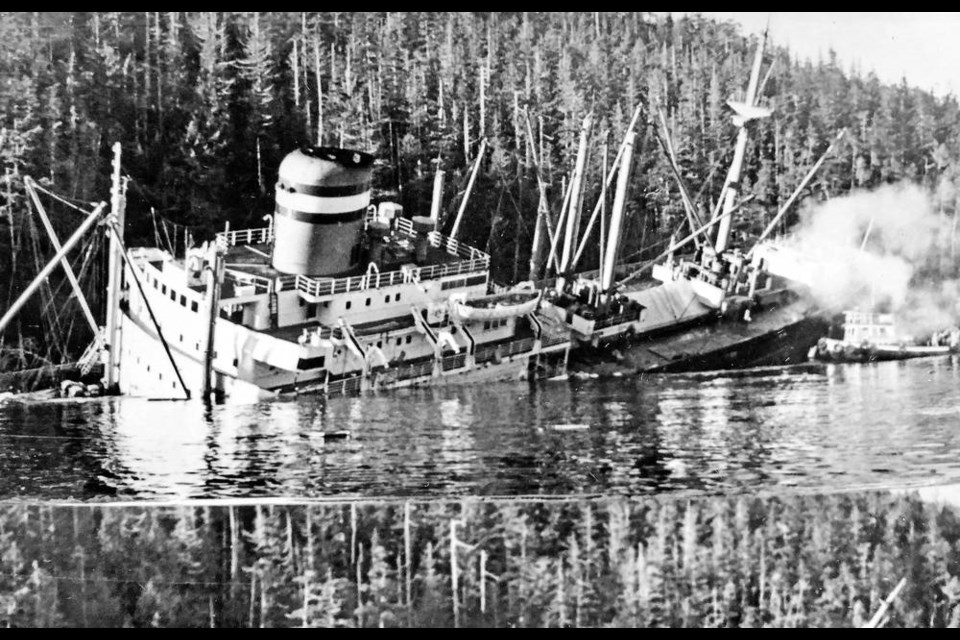 MV Schiedyk sinking and leaking oil into Nootka Sound in 1968. TIMES COLONIST FILES