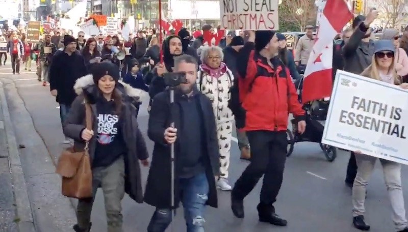 An anti-mask Christmas-themed rally took place in downtown Vancouver on Dec. 5, 2020.