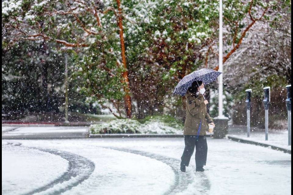 A woman uses an umbrella for protection from the snow as she walks near the University of Victorias MacLaurin Building on Monday. DARREN STONE, TIMES COLONIST