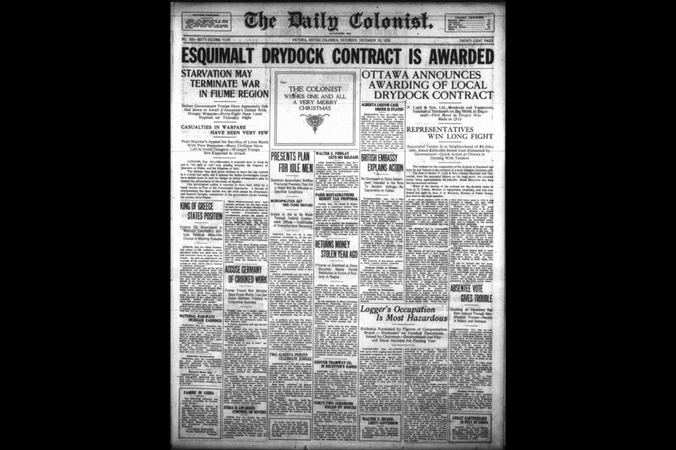 The Daily Colonist front page, Dec. 25, 1920