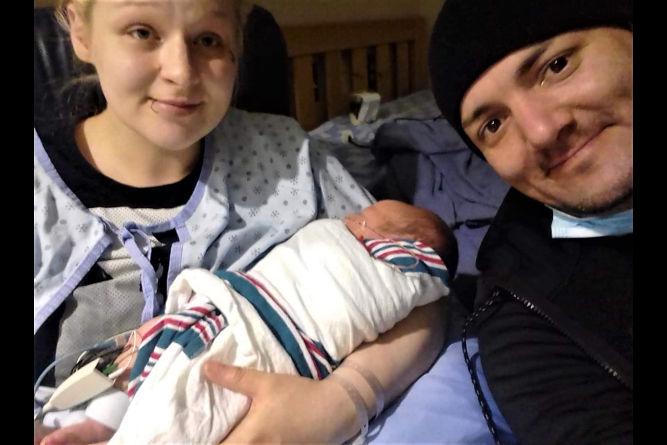 Jessica Penner and Kenneth Wray show off their new arrival, a son they named Kace, who was born at 4:11 a.m. at UHNBC. Kace is the first baby born in northern B.C. in 2021.