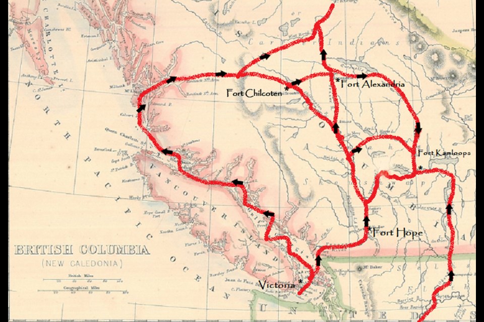 An 1858 map of B.C. showing routes that smallpox took to the Interior in 1862. Pathways added, courtesy Judy Banks, cultural research consultant.