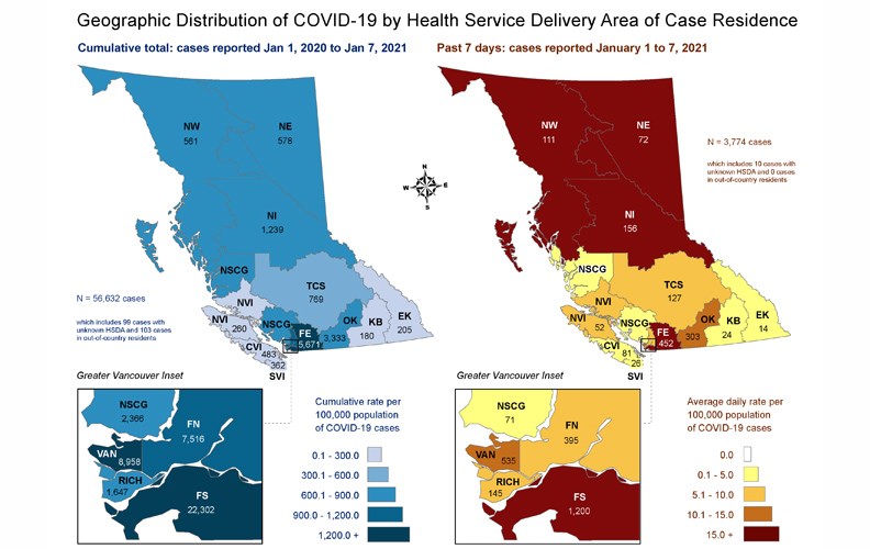 This map, created by the B.C. Centre for Disease Control, shows a breakdown of COVID-19 cases by health service delivery area. Prince George is located in the Northern Interior (NI) area, which had 156 cases between Jan. 1 and Jan. 7 (red and yellow map, right). As of Jan. 7, there had been 1,239 cases in the Northern Interior health service delivery area. The Northern Interior health service delivery area is one of three that make up the Northern Health region.