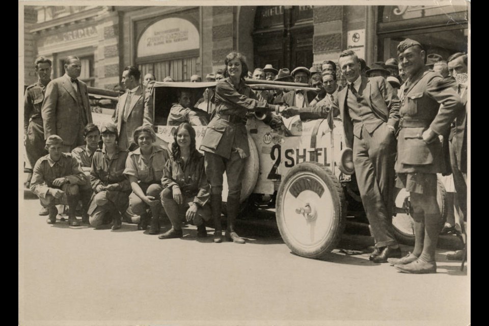 Aloha Wanderwell's expedition crew and automobile in Vienna, 1928. [Courtesy of Richard Diamond and www.alohawanderwell.com]