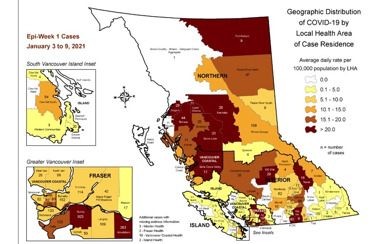 This map, produced by the B.C. Centre for Disease Control, shows a breakdown of COVID-19 cases by local health area from Jan. 3 to Jan. 9. The Prince George area had 108 cases during that timeframe.