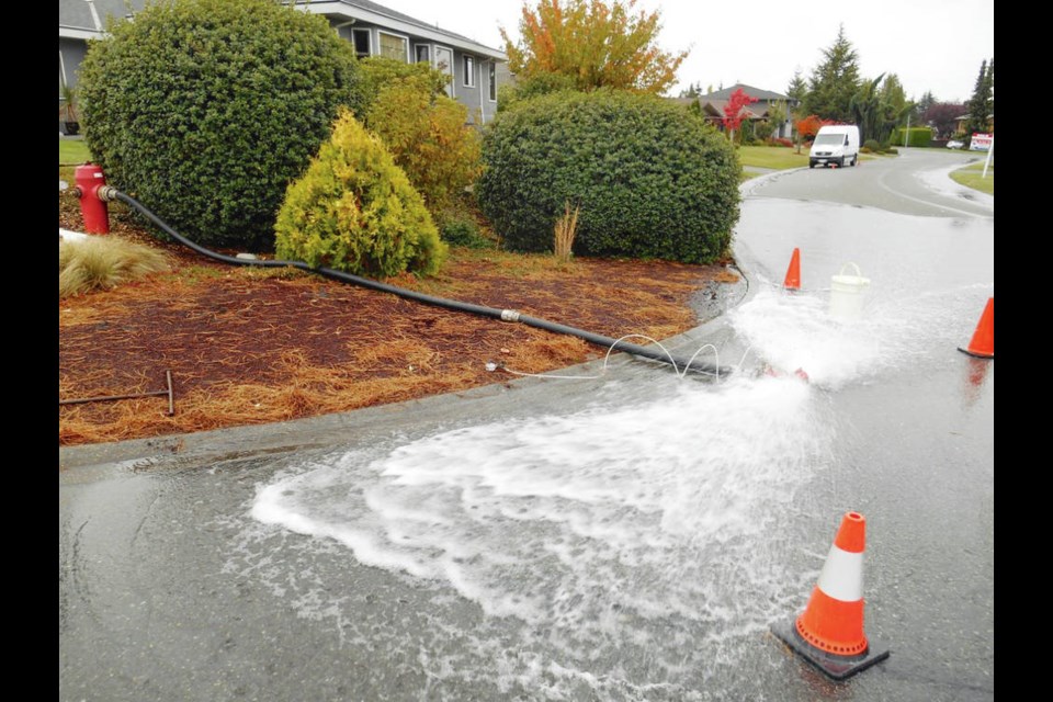 A water main being flushed, with the help of a fire hydrant. [Capital Regional District]