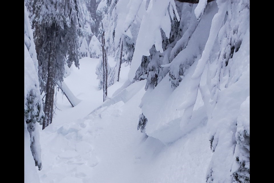 A broken snow slab rests on Hollyburn Mountain in West Vancouver. A snowboarder has been rescued after being partially buried by an avalanche near Cypress Provincial Park.