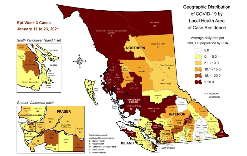 This map, produced by the B.C. Centre for Disease Control, shows a breakdown of new COVID-19 cases by local health area between Jan. 17 and Jan. 23. A total of 46 new cases were reported in the Prince George area during that period.