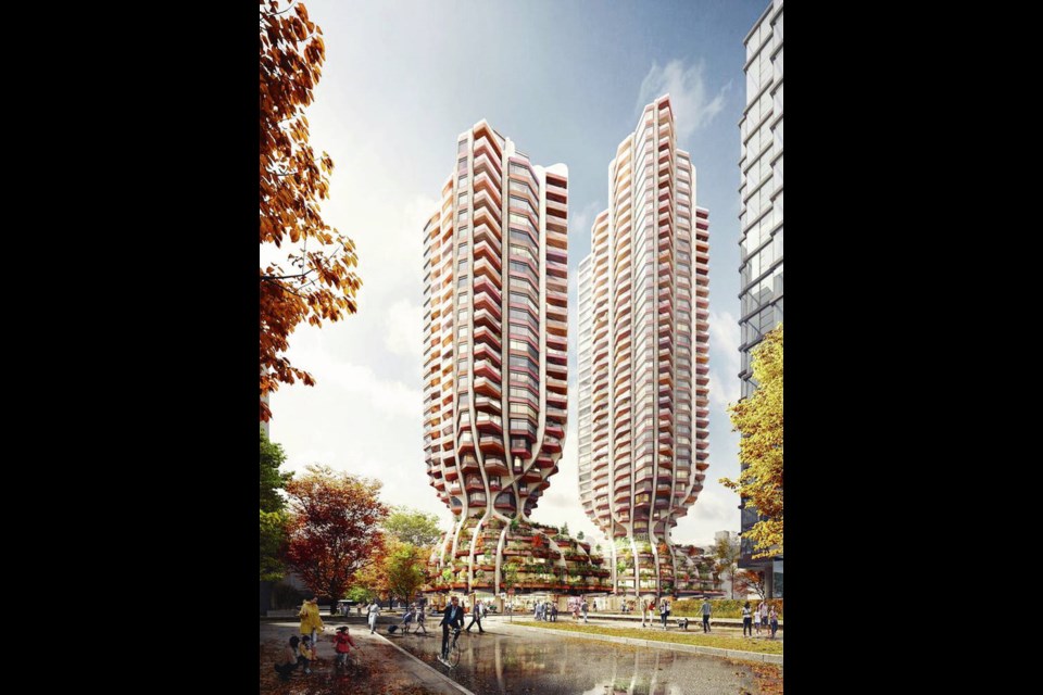 Rendering of a highrise project proposal for Vancouvers West End. The two residential towers  one 30 storeys, the other 34  are designed to resemble trees. DRAWINGS VIA PICTURE PLANE LTD
