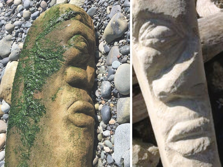 On the left, Bernhard Spalteholz’s photograph of the 100-kilogram carved figure as it was found on a beach off Dallas Road last summer. Victoria artist Ray Boudreau posted this photo of a rock carving at right, saying he carved it in 2017 and thought it had been stolen.