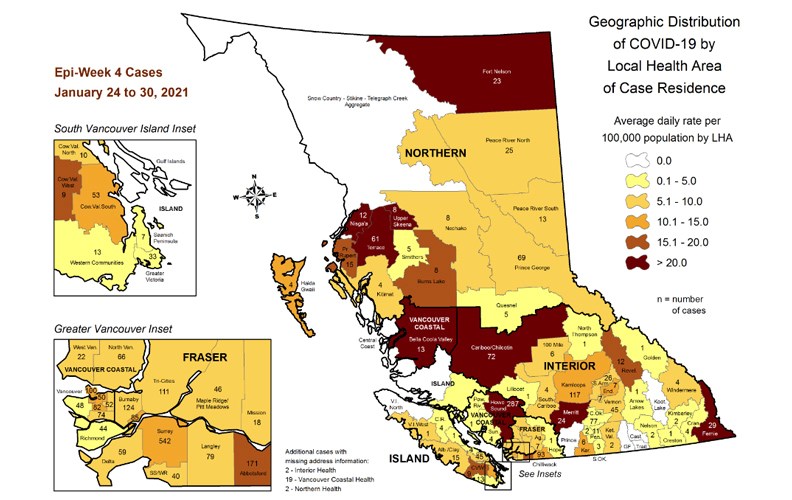 This map, prepared by the B.C. Centre for Disease Control shows a breakdown of recent COVID-19 cases by local health area. Between Jan. 24 and Jan. 30, the Prince George area had 69 new cases of COVID-19.