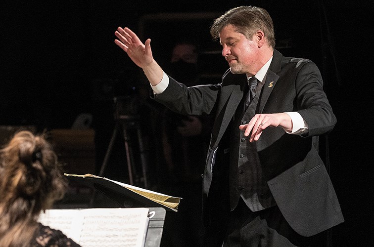 Citizen Photo by James Doyle/Local Journalism Initiative. Conductor Michael Hall leads the Prince George Symphony Orchestra on Sunday afternoon during their livestream concert.