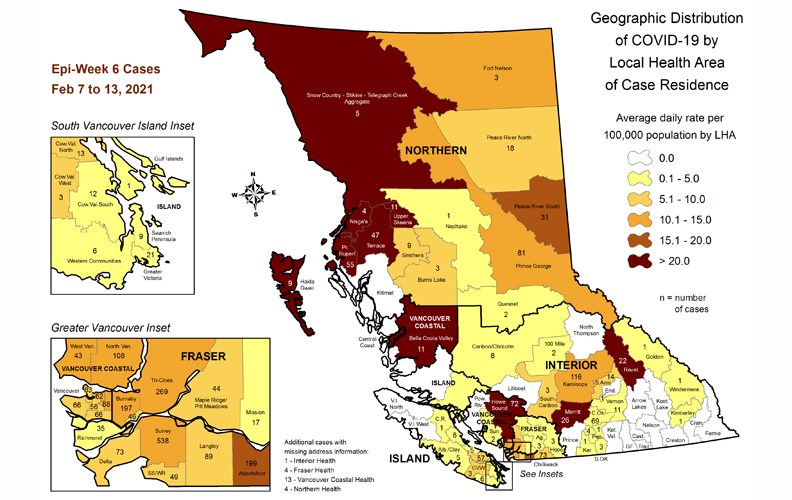 This map, provided by the B.C. Centre for Disease Control, shows a breakdown of COVID-19 cases by local health area for the week of Feb. 7 to Feb. 13.