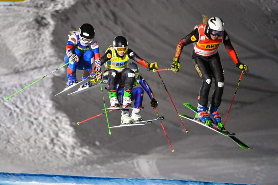 Tiana Gairns of Prince George leads the pack as she heads down the course in her heat on her way to a 17th-place result at a World Cup ski cross race in Arosa, Switzerland. Gairns, 22, is now ranked 19th in the world standings.
