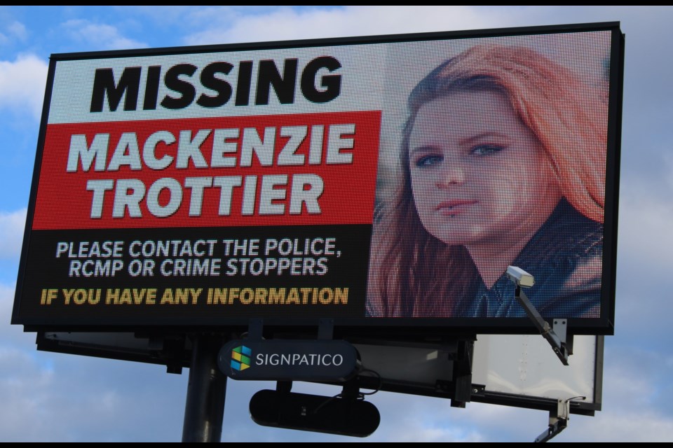 A posting on a billboard on Fifth Avenue alerting drivers to missing Saskatoon woman Mackenzie Trottier.